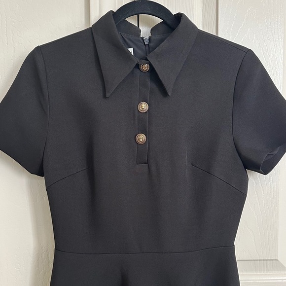 ANLICODE Black Collared Short Sleeve Button Front Midi Dress Women US 4 - Picture 3 of 10